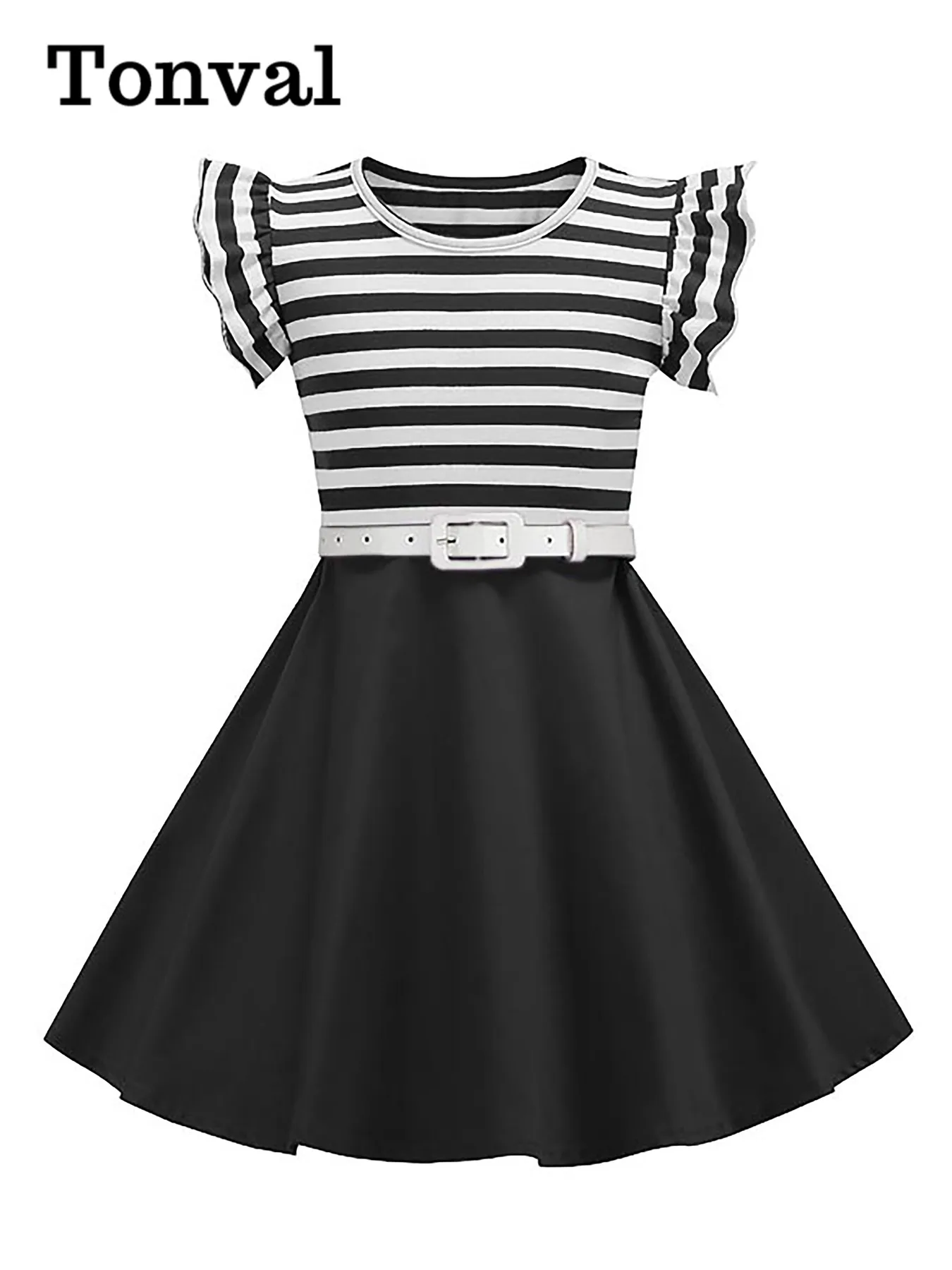 Женское винтажное платье в полоску Tonval стиле пэчворк с оборками на рукавах