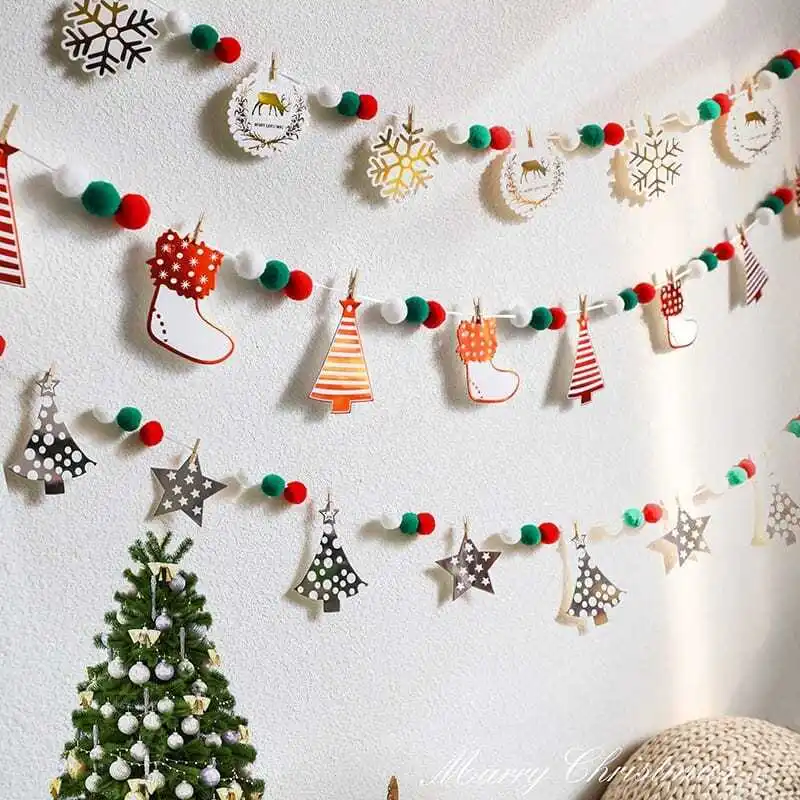 

Christmas Decoration Ins Style Elk Creative Christmas Tree Red and Green Fur Ball String Snowflake Ornaments Colorful Flags