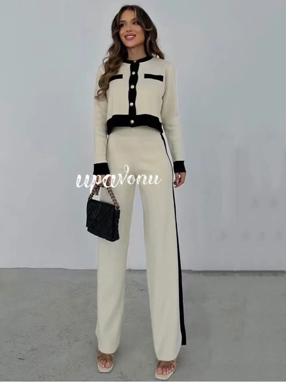 Повседневный женский комплект трикотажных брюк с длинными рукавами однобортный