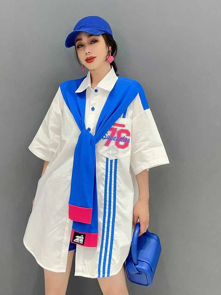 

URIOR 2023 летняя новая корейская мода, воротник поло, цветной блок, одна штука, топ, уменьшение возраста, рукав до локтя, женская рубашка