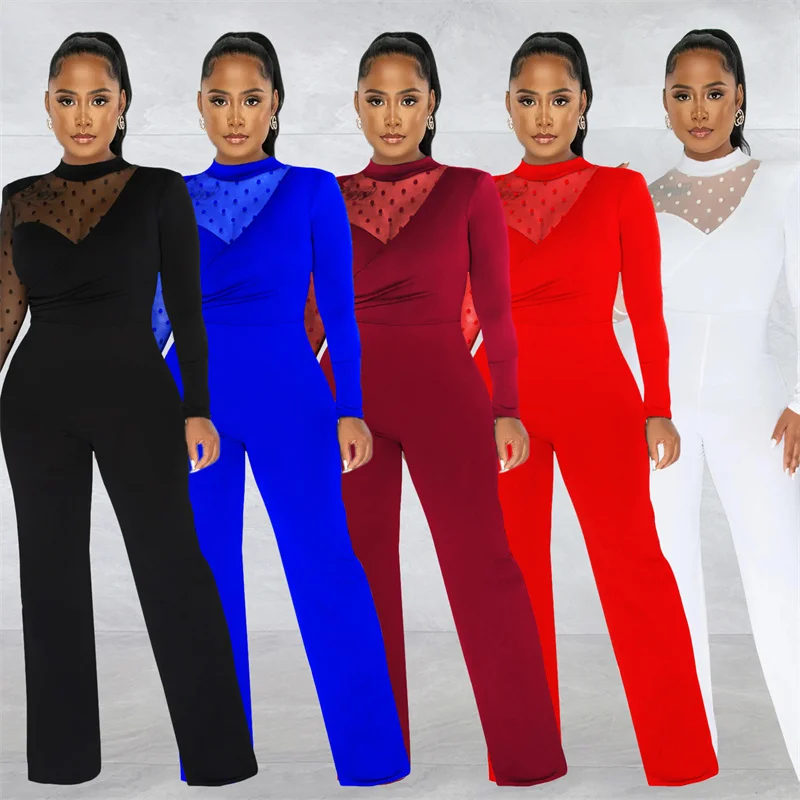 Elegant Fashion Polka Dot Mesh Sheer Patchwork Jumpsuit Women Party Club Long Sleeve Rompers One-Pieces Wide Leg Overalls Office