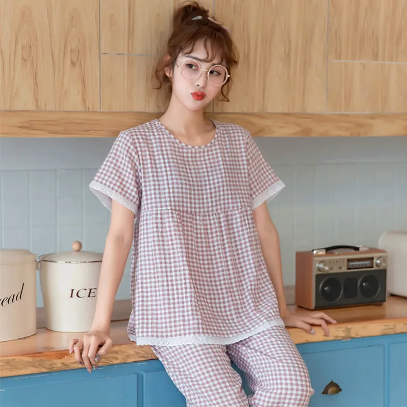 

Костюм женский из искусственного хлопка, домашняя одежда для студентов, милые брюки в Корейском стиле, костюм в клетку с коротким рукавом, пижама на лето