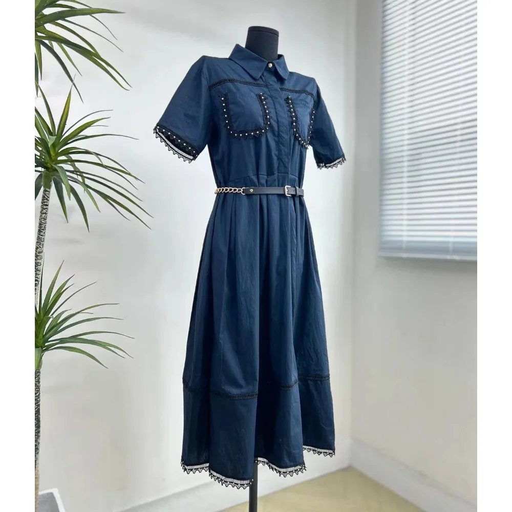 

Элегантное хлопковое длинное платье, ажурная кружевная юбка, тонкое женское повседневное модное платье-рубашка с лацканами и пуговицами и поясом