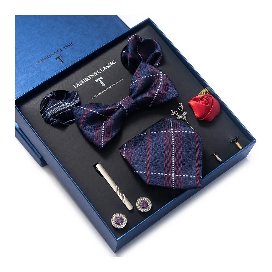 Fashion Wholesale Jacquard Holiday Gift Silk Tie Pocket Squares Cufflink Set Necktie Box Wedding Accessories Dark Grey