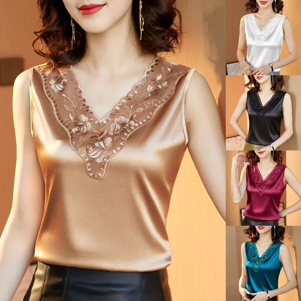Стильные женские шелковые атласные топы без рукавов OL летние майки блузка для