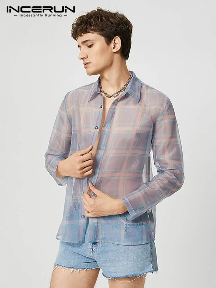 INCERUN Tops 2022 American Style New Men Fashion See-through Plaid Blouse Casual Streetwear Male Long-sleeved Lapel Shirts S-5XL