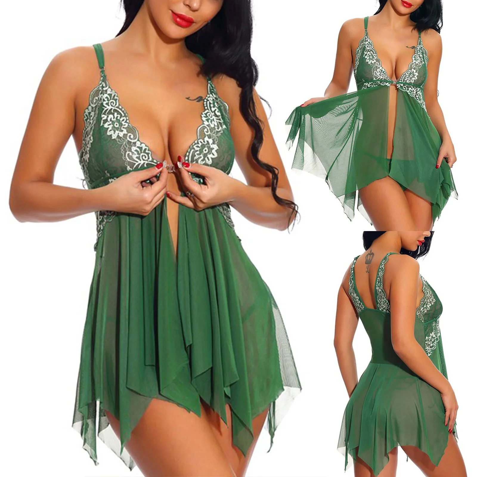 

Ladies Sexy Multi-Erotic Pajamas Lace Lace Solid Color Mesh V-Neck Nightdress One-Piece Lace Sexy Lingerie Women Body белье жен