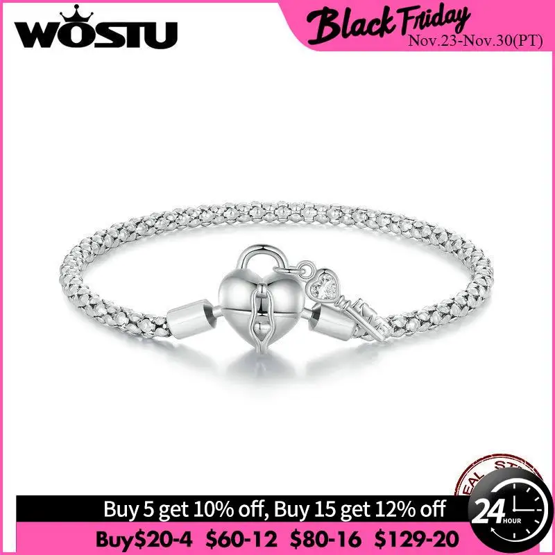 

WOSTU Solid 925 Sterling Silver Heart Lock Key Basic Chain Bangle Bracelet For DIY Charm Beads Snake Chain Links Jewelry Gift