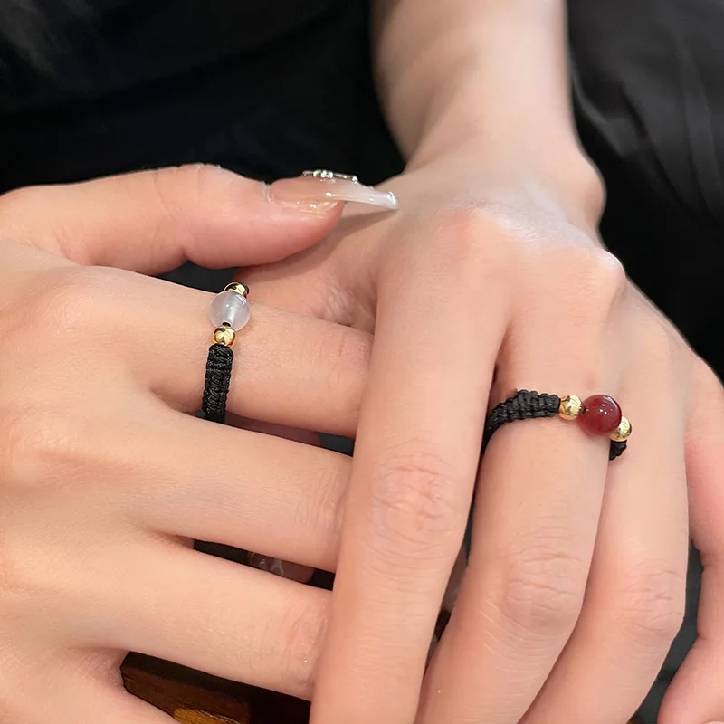 

Couple Rings Acacia Red Bean Braided Pull Adjustment ring Stainless Steel Wedding Band for Women Girls