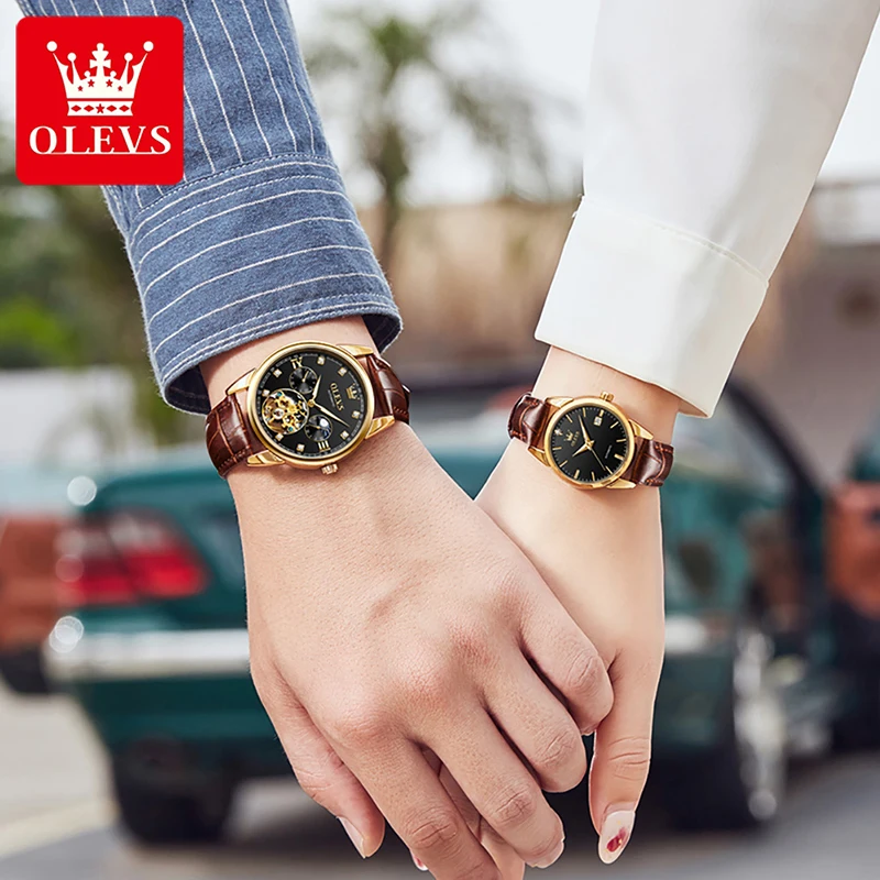 OLEVS Mens Womens Watch Couple Watches Automatic Mechanical Watch Luxury Gold Plated Case Couple Luminous Waterproof Reloj 6629