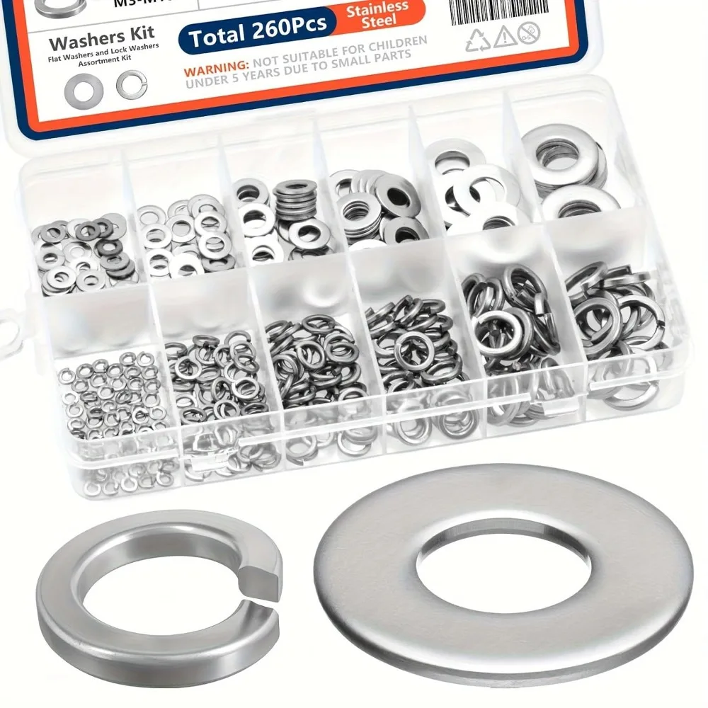 260 шт. Ассортимент стопорных и плоских шайб из нержавеющей стали M3 M4 M5 M6 M8 M10