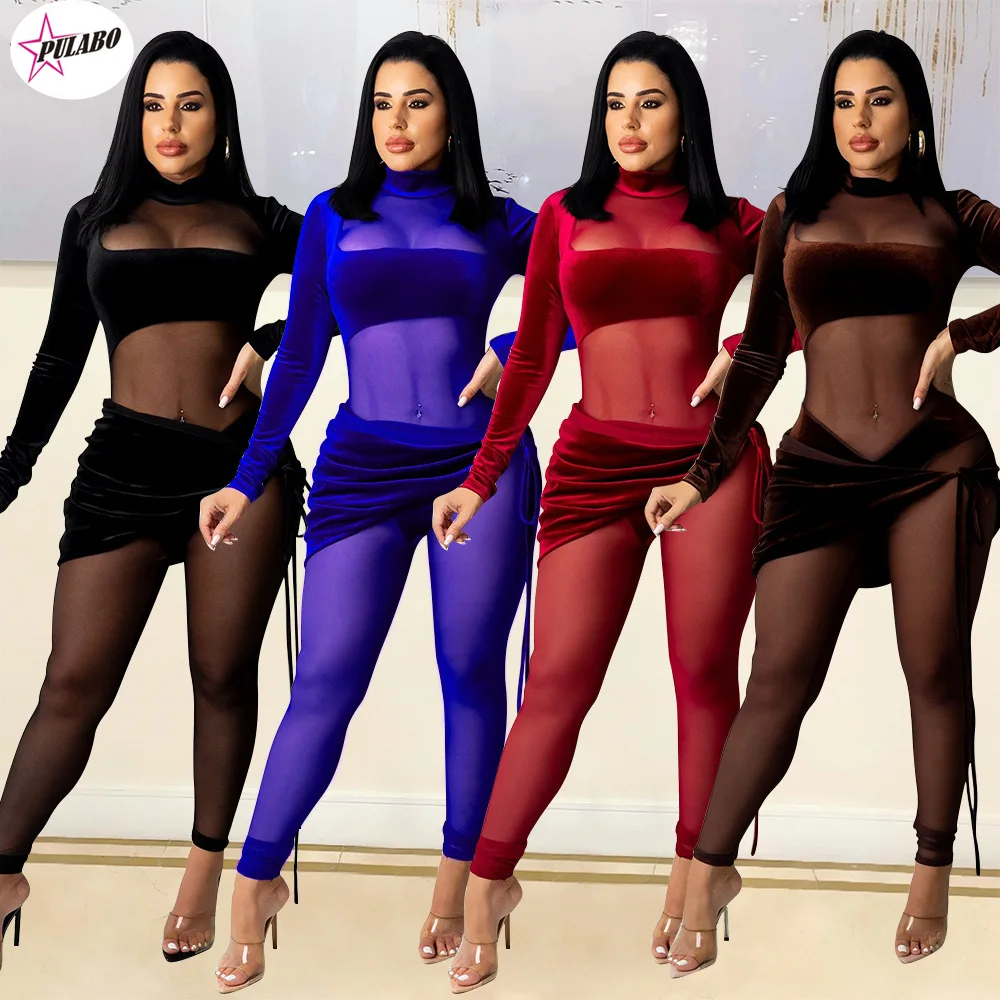 

PULABO 2022 Sheer Mesh Patchwork Velvet Jumpsuit Women Sexy See Through Mock Neck Long Sleeve Skinny Overalls Night Club Wear