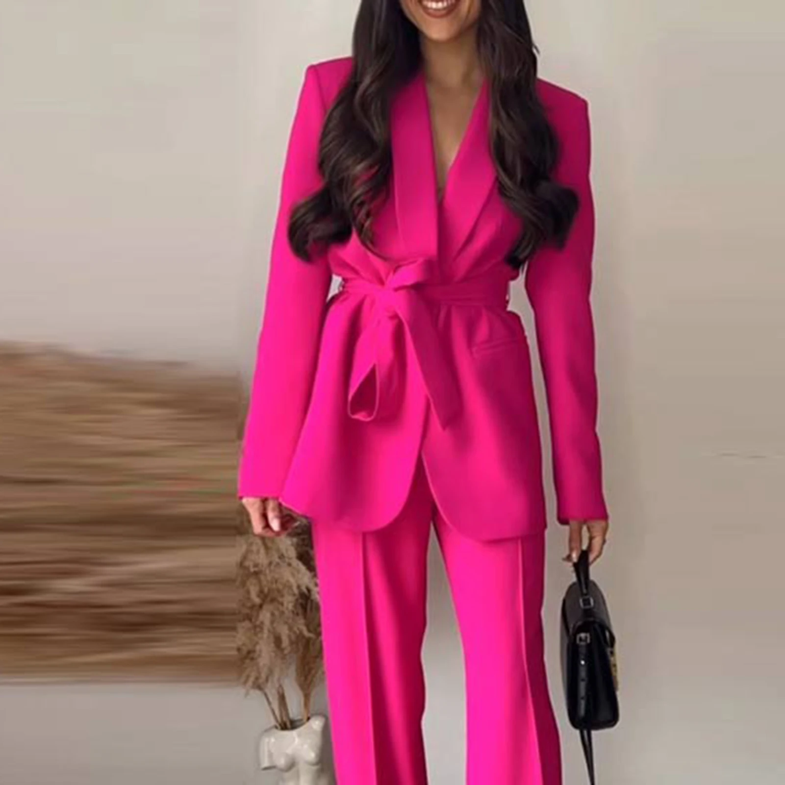 

Women Tailored Collar Office Blazer Suit with Belt Solid Color Long Sleeve Blazer Elegant High Waisted Pants Loose Fit Work Suit