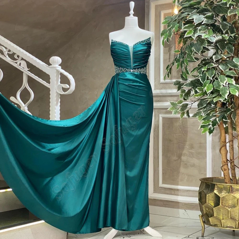 

SOFUGE Emerald Green Evening Dresses for Wedding Satin V-Neck Beaded Prom Gowns Arabic Celebrity Custom Made Robes De Soirée