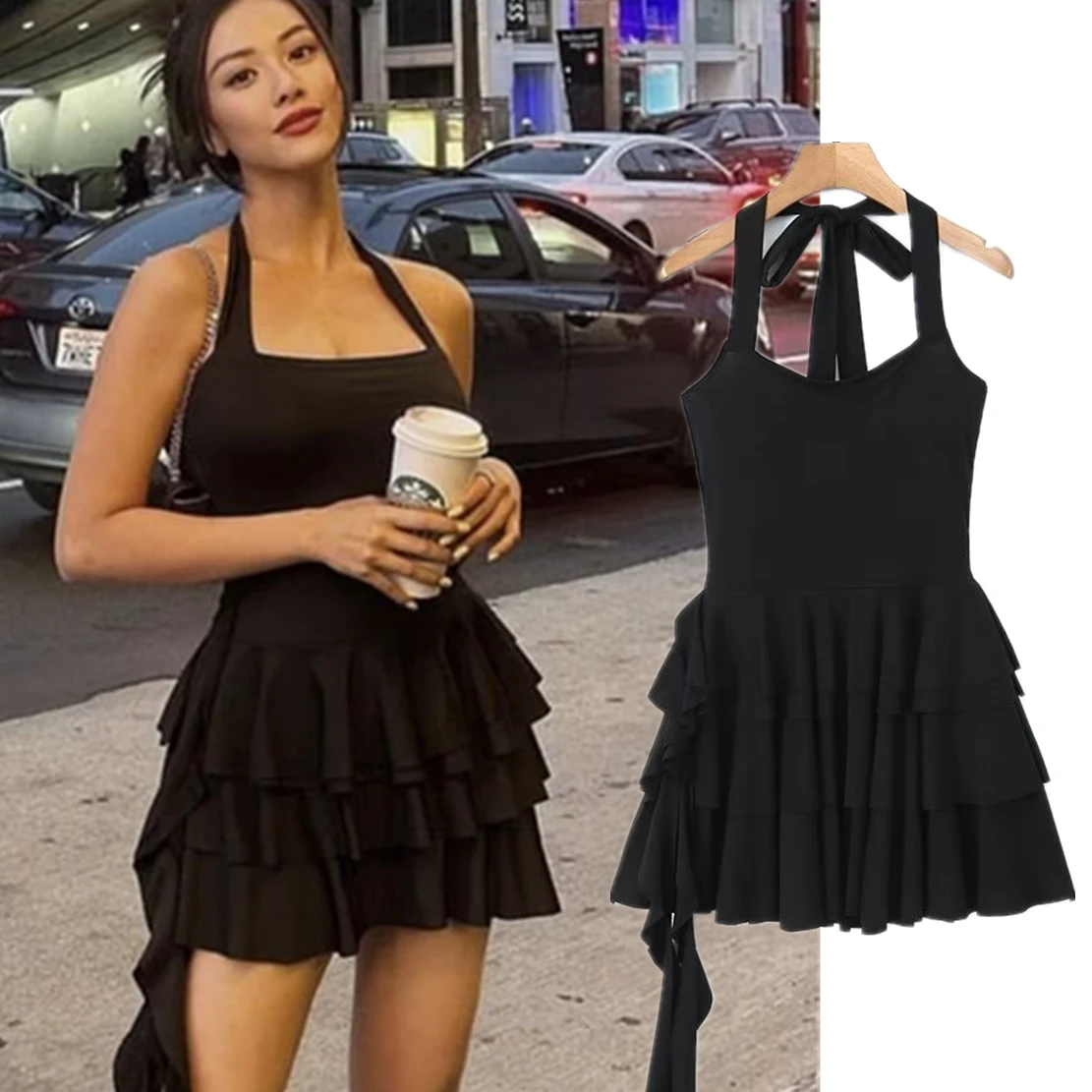 

Maxdutti Ins Blogger Sexy Halter Strapless Dress Women Mini Dress Fashion Black Party Cascading