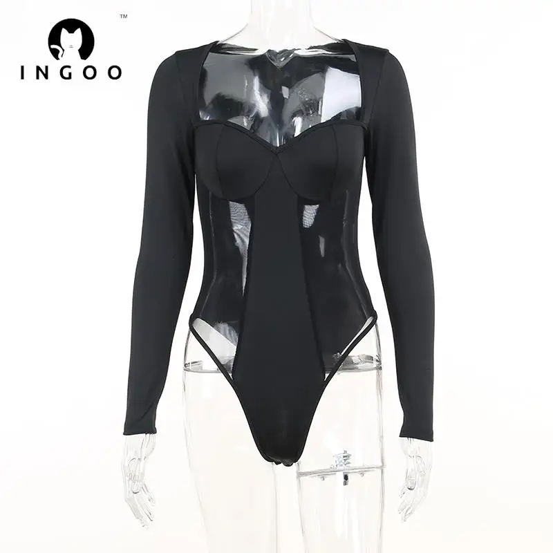 INGOO Mesh Patchwork Sexy Sheer Black Bodysuit Long Sleeve Ladies Bodysuit Overall Romper Party Night Club Womens Body Suits Top