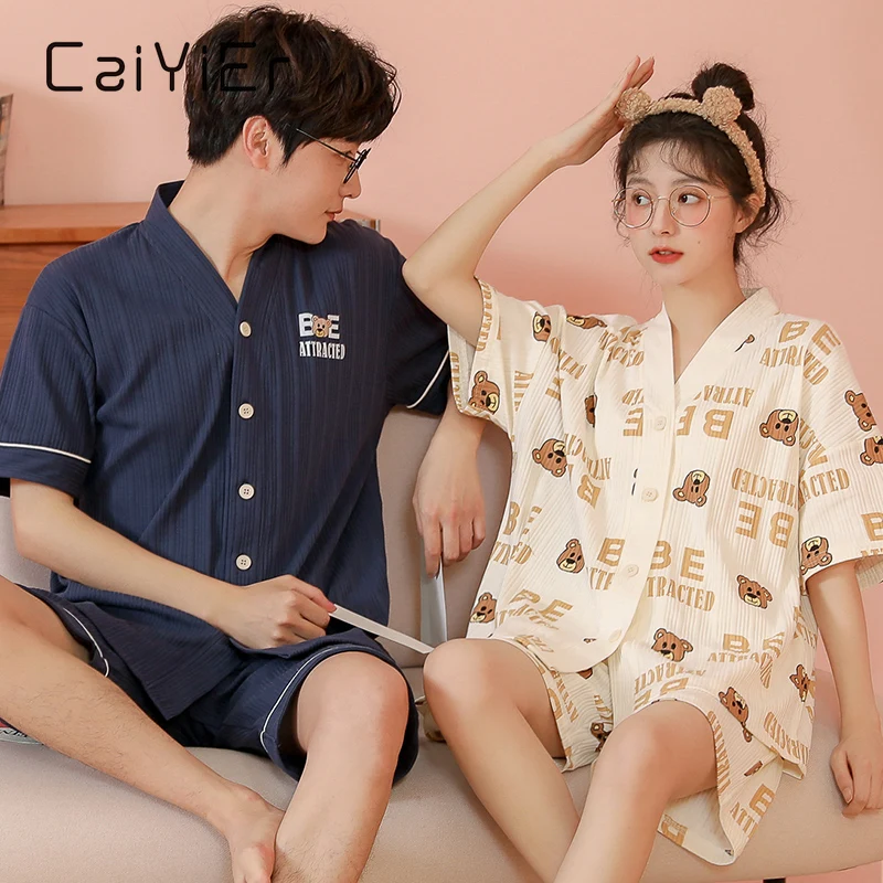 

CAIYIER 2022 Summer Cotton Couple Pajamas Set Cute Cartoon Print Lovers Sleepwear Men & Women Loungewear Couple's Pijama M-3XL