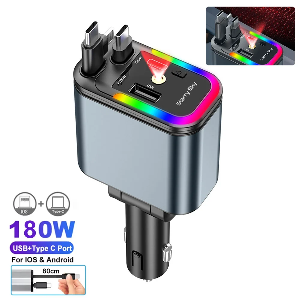 

Адаптеры для быстрой зарядки с двойной выдвижной линией 180 Вт, с окружающим освещением и подсветкой на крыше звездного неба, автомобильное зарядное устройство для iPhone Android
