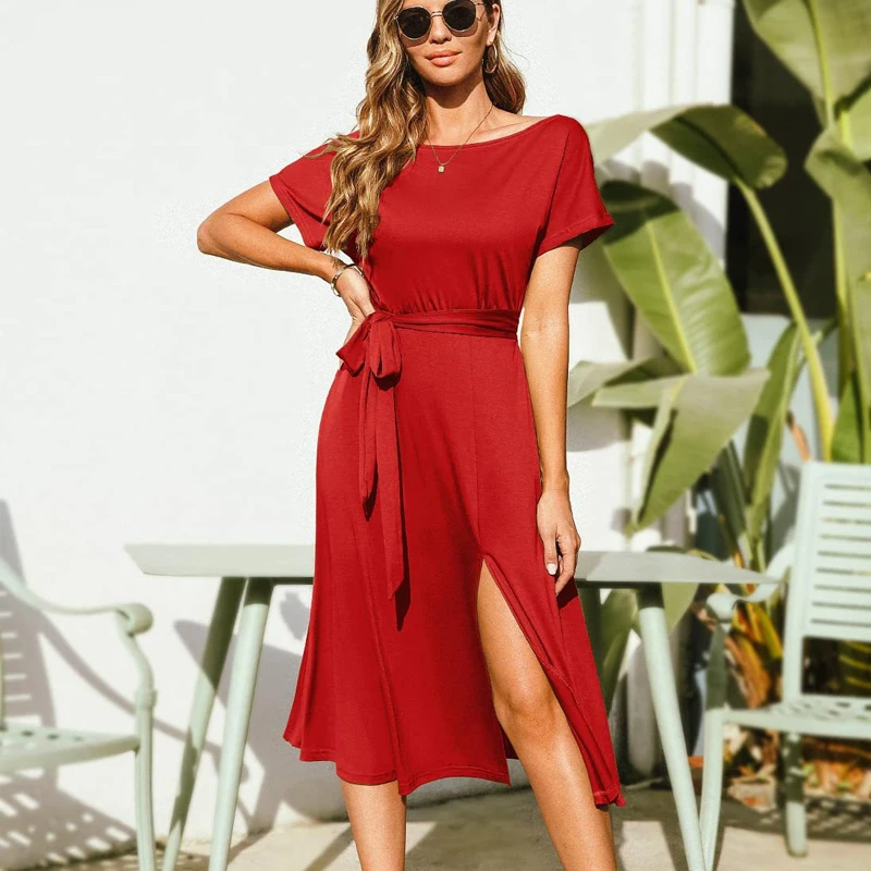 

New Off Shoulder Sexy Short Sleeve Women Dress 2023 Lace-up Summer Dress Solid Loose Pocket Slash Neck Office Lady Dress 25272