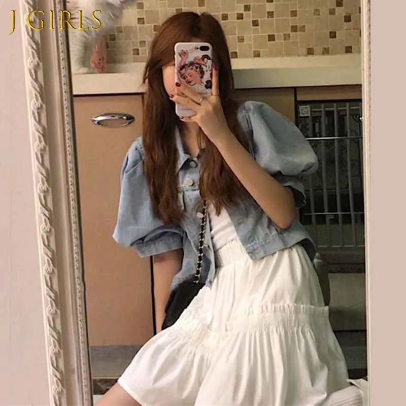 

Cropped Jackets Women Denim Puff Sleeve Summer Ulzzang Vintage Design Lovely Elegant Female Simple College Daily Fashionable Ins