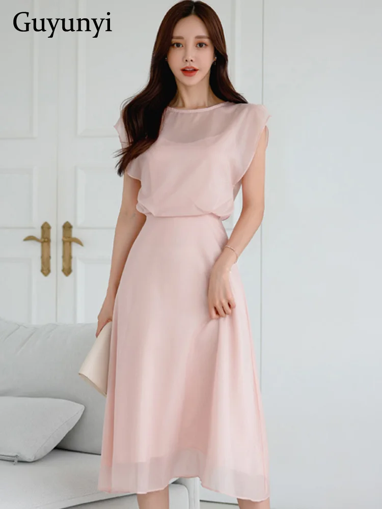 

Женское шифоновое платье без рукавов, элегантное розовое платье-трапеция с О-образным вырезом и высокой талией, праздвечерние чное платье д...