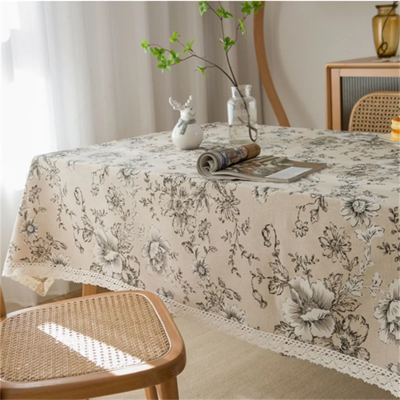 

Flower Pattern Tablecloth Hot Sale Linen and Cotton Lace Edge Rectangular Table Cloth Home Hotel Textile