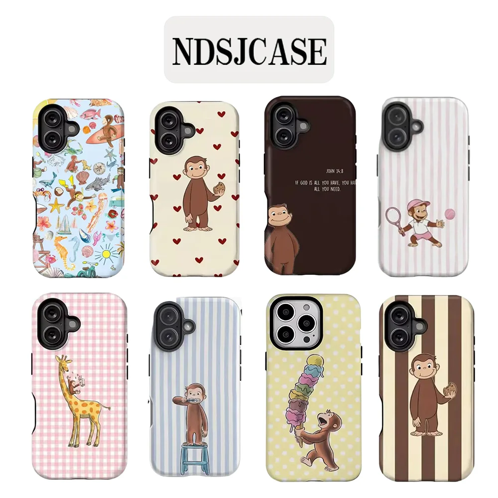 Фото Роскошный чехол Clmj Cute Monkey Curious George для iPhone 17, 17e, 16, 15, 14, 13, 12, 11, XS, XR, XSMAX, Air, Pro Max, Plus, двухслойный №1