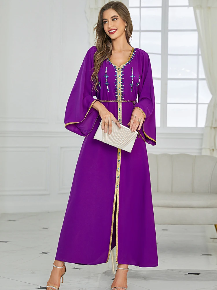 

Moroccan Caftan Handsewn Diamonds Long Arabic Dress Dubai Party Evening Islamic Kaftan Djellaba Muslim Abaya Ramadan Eid Robe