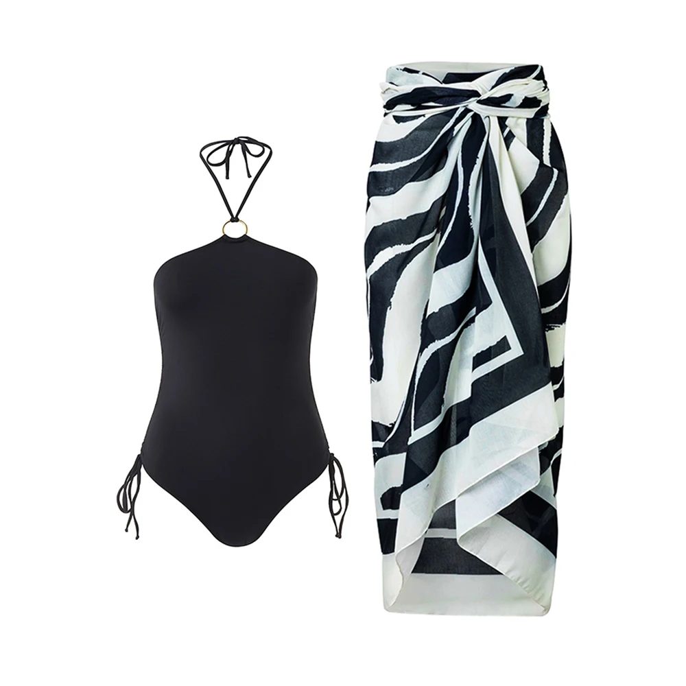 

Geometric Print Swimsuit Women 2023 One Piece Swimwear with Skirt Hanging Neck Swimming Suits Summer Push Up Black Beachwear