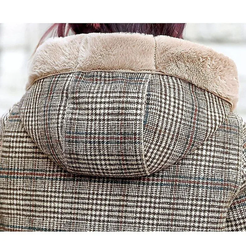 Ladies Winter Jacket Fur Coat Women's Plaid Wool Coat Thick Velvet Thickened Warm Mid-Length Jackets Hooded Warm Woolen Coat