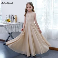 champagne chiffon open back sleeveless flower girl dresses pleated long junior bridesmaid dress kid birthday pageant party gowns