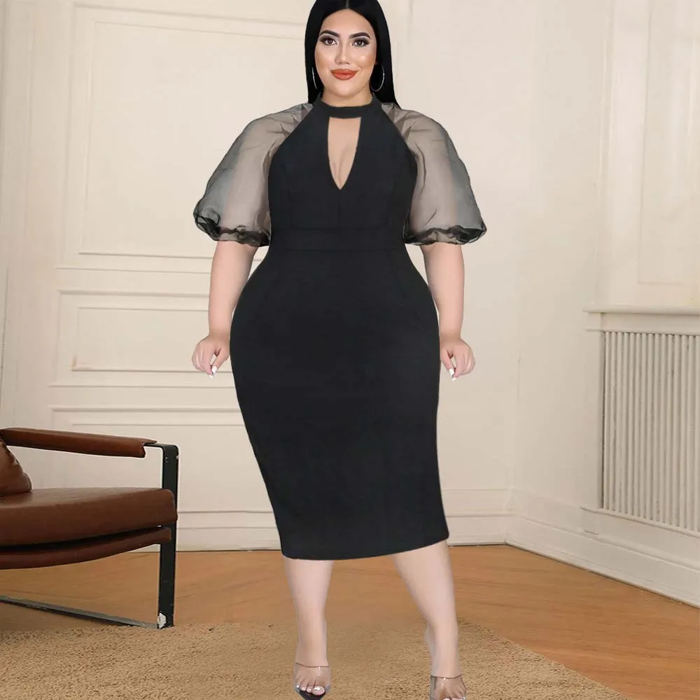 

New Plus Size Women Fashion Dress Short Puff Sleeve Solid Color Patchwork V-neck Oversize Pullover Western Style Sexy Lady Dress