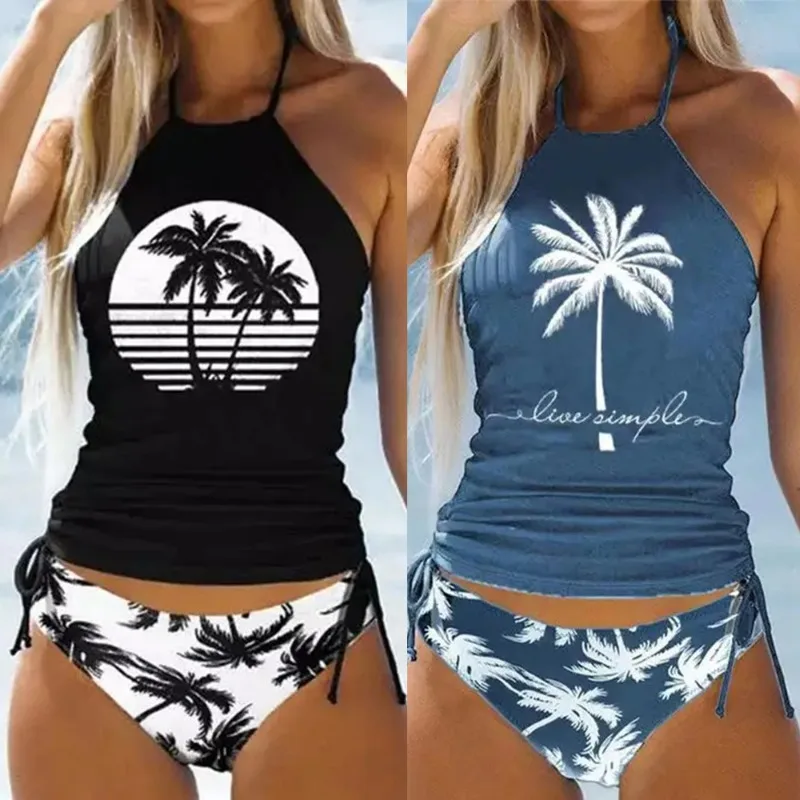 Летний женский раздельный комплект бикини с зеленым рисунком консервативный топ