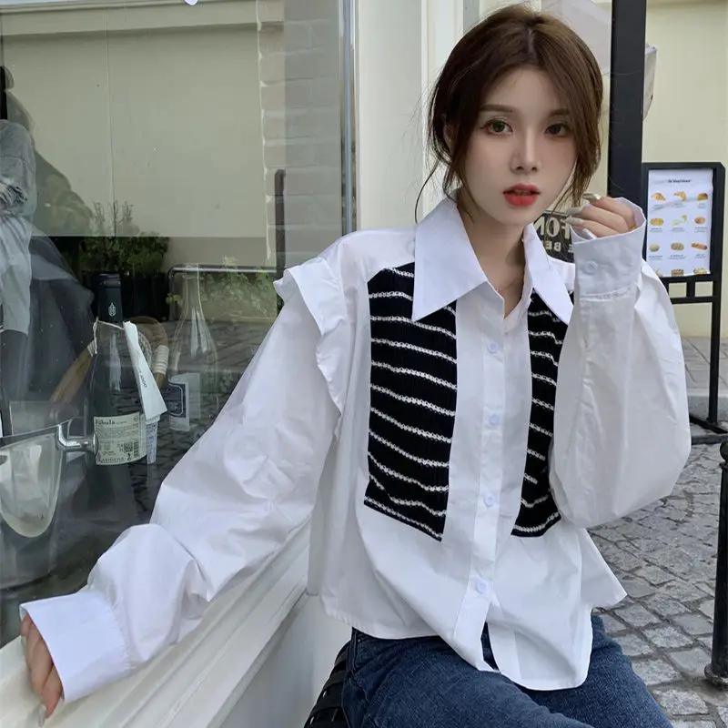 

Hikigawa вязаные полосатые Лоскутные рубашки с длинным рукавом Весенние шикарные модные женские белые свободные французские элегантные офисные блузки Топ для женщин