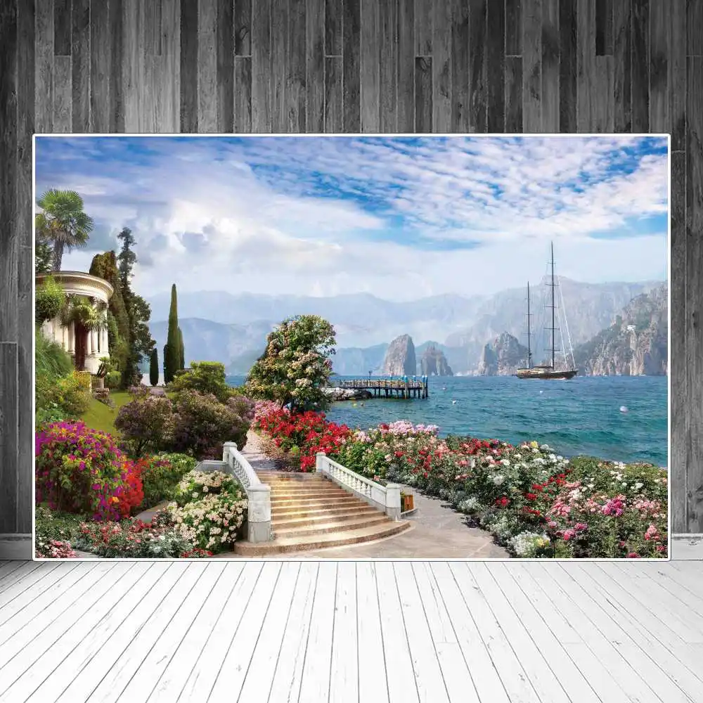 

Фоны для фотосъемки с изображением гор реки цветов дорожек облаков пирса корабля павильона лестницы украшение дома фоны для фотосъемки