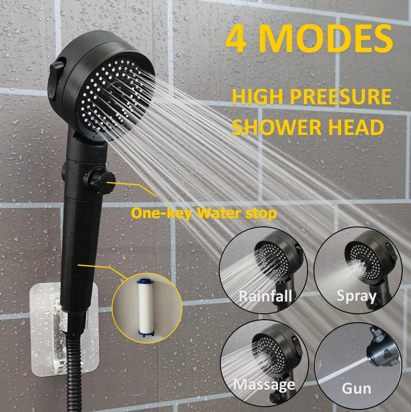 

Новая насадка для душа высокого давления для ванной комнаты 3 режима регулируемый душ с кнопкой остановки черная водосберегающая полипропи...