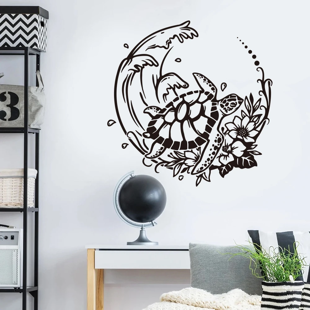 

Turtle with Wave Wall Sticker Decal Bathroom Bedroom Flower Sea Ocean Animal Turtle Living Room Playroom Vinyl Home Decor