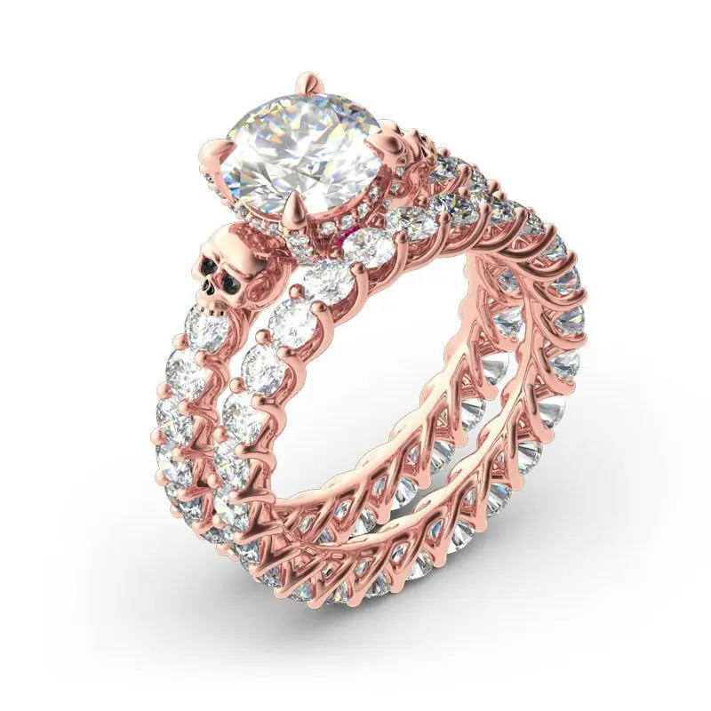 

New ladies two-piece rose gold micro-inlaid zircon skull ring ring