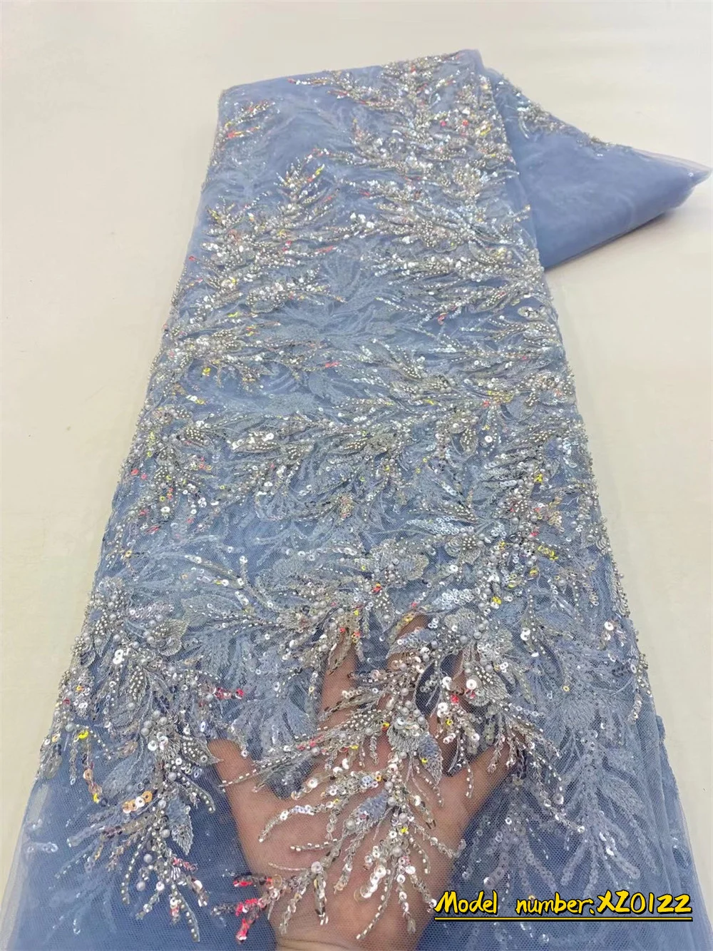 

Nigeria Net Lace Fabrics With Beads And Sequins Hand Embroidery Bridal Fabric Lace Shiny Beaded Sequined Lace Fabric XZ0122