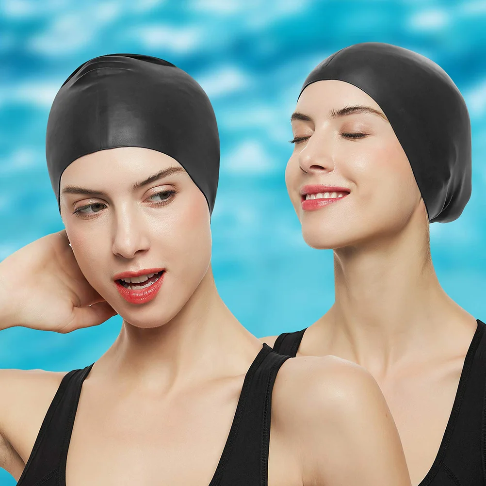 

1PC Silicone Swimming Practical Waterproof Swim Pool Hat Long Hair Ear Protection Swim Caps for Female (Black)