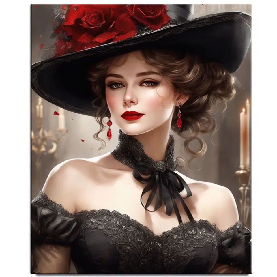 Красивая викторианская женщина со шляпой и цветами алмазная живопись новинка 2024
