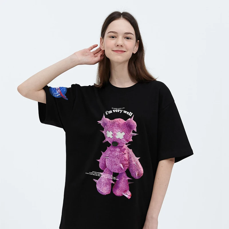 

Men's T-shirt Harajuku Style Bear Graphic Print Black 100% Cotton Short Sleeve 2022 Summer Tide Brand Loose Couple Clothes Tops