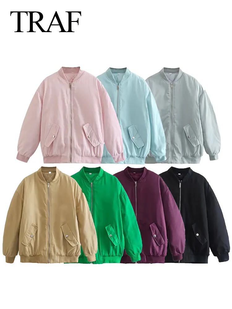 

Зимнее теплое пальто TRAF, Женская хлопковая однотонная винтажная куртка на молнии с длинным рукавом, повседневные пальто с карманами, женска...