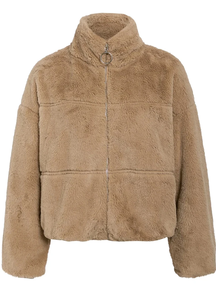 Winter Women Faux Fur Coat Fluffy Warm Soft Jackets Fashion Zipper Pocket Sweatshirt Long Sleeve Clothing Female Fleece Outwear