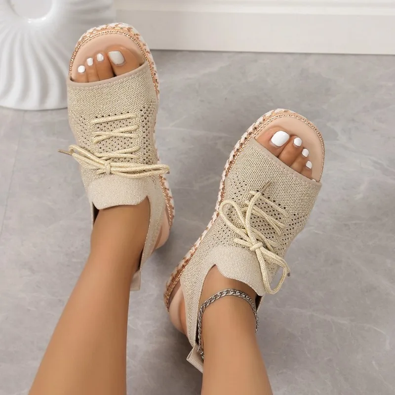 Современные сетчатые сандалии на высоком каблуке женские босоножки танкетке со