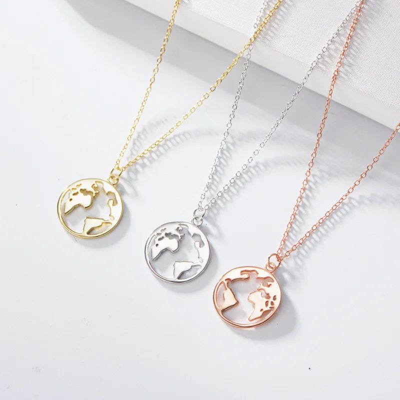

S925 Sterling Silver Round Hollow World Map Pendant Women's Item Chain Women's Fashion Jewelry Christmas Wedding Holiday Gift