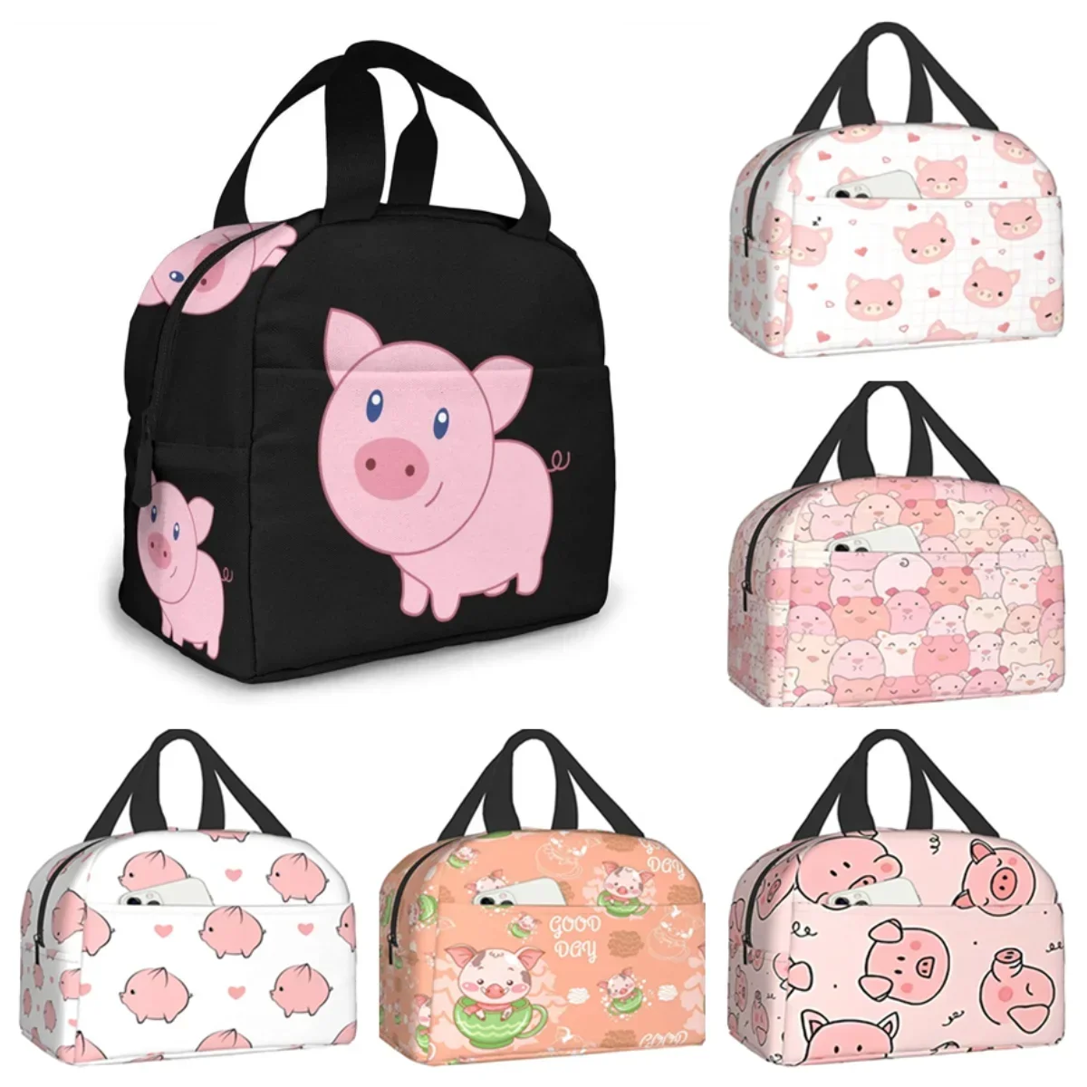 

Симпатичные Мультяшные сумки для обеда в виде свиньи для женщин и мужчин, изолированный Ланч-бокс, сумка-тоут с передним карманом для офиса, школы, пикника