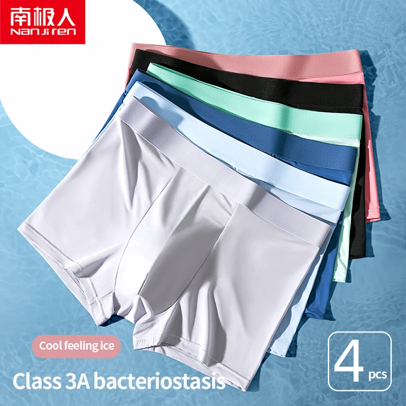 Nanjiren Ice Silk Men Underwear 3A Antibacterial Boxer Solid Traceless Underpants High Elastic Thin Summer 4Pcs Men Panties