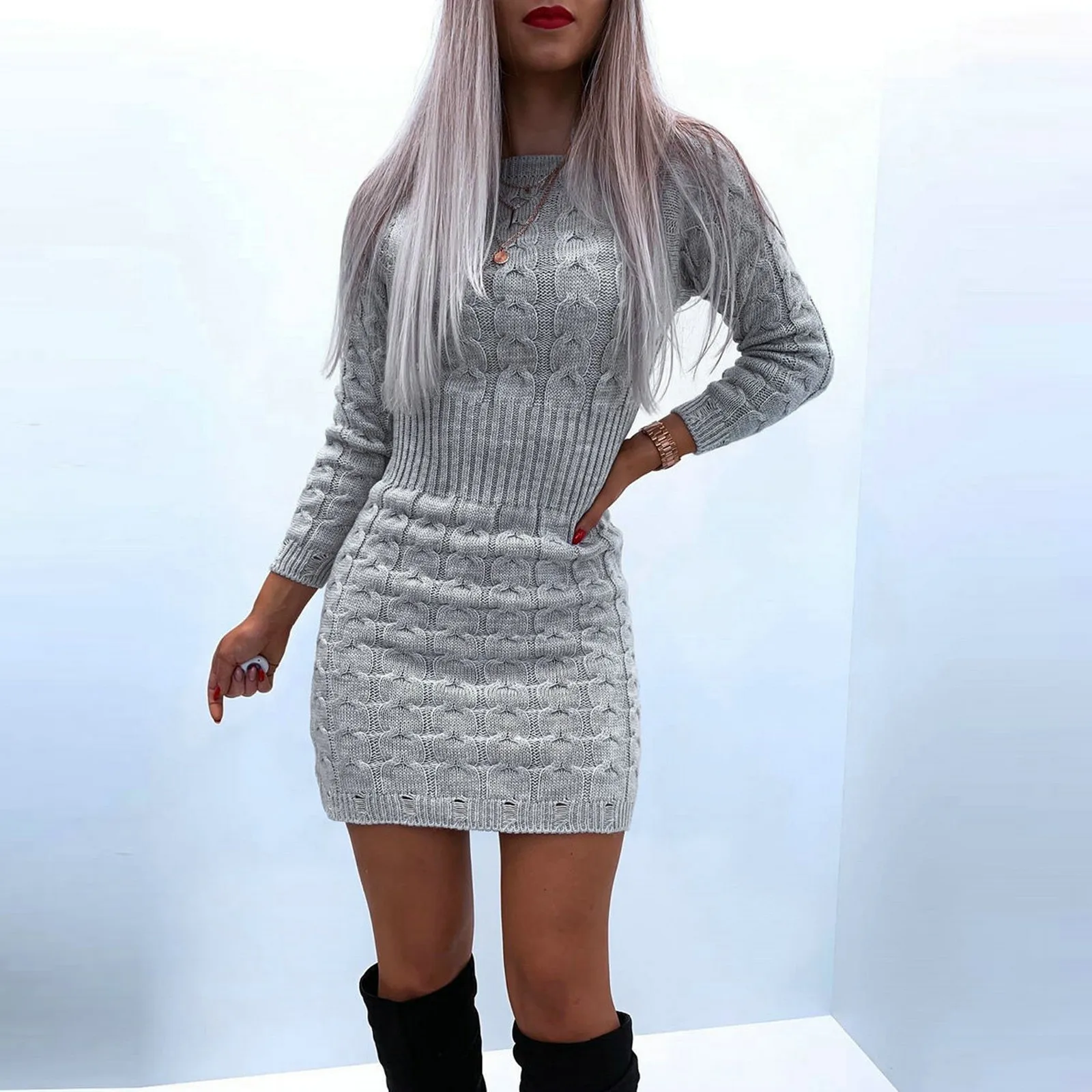 Mini robe en tricot à manches longues pour femme  vêtement chaud et élégant  couleur unie