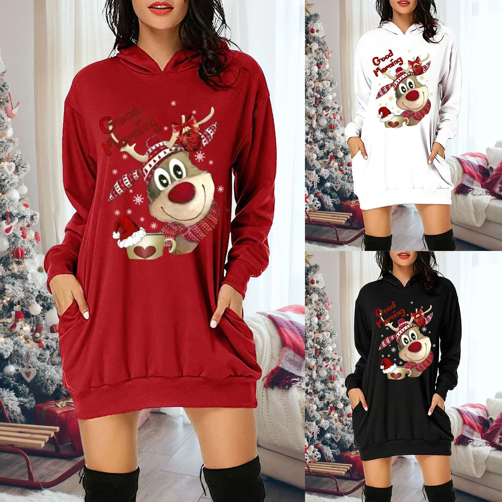 

Рождественский свитер с капюшоном Good Morning, осенне-зимние теплые женские рождественские пуловеры с длинным рукавом, женские повседневные пл...